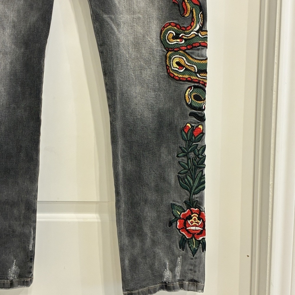 Grindhouse Black Jeans Size 38x31 Y2K Embroidered Roses Snake Grunge  Streetwear - Picture 3 of 14
